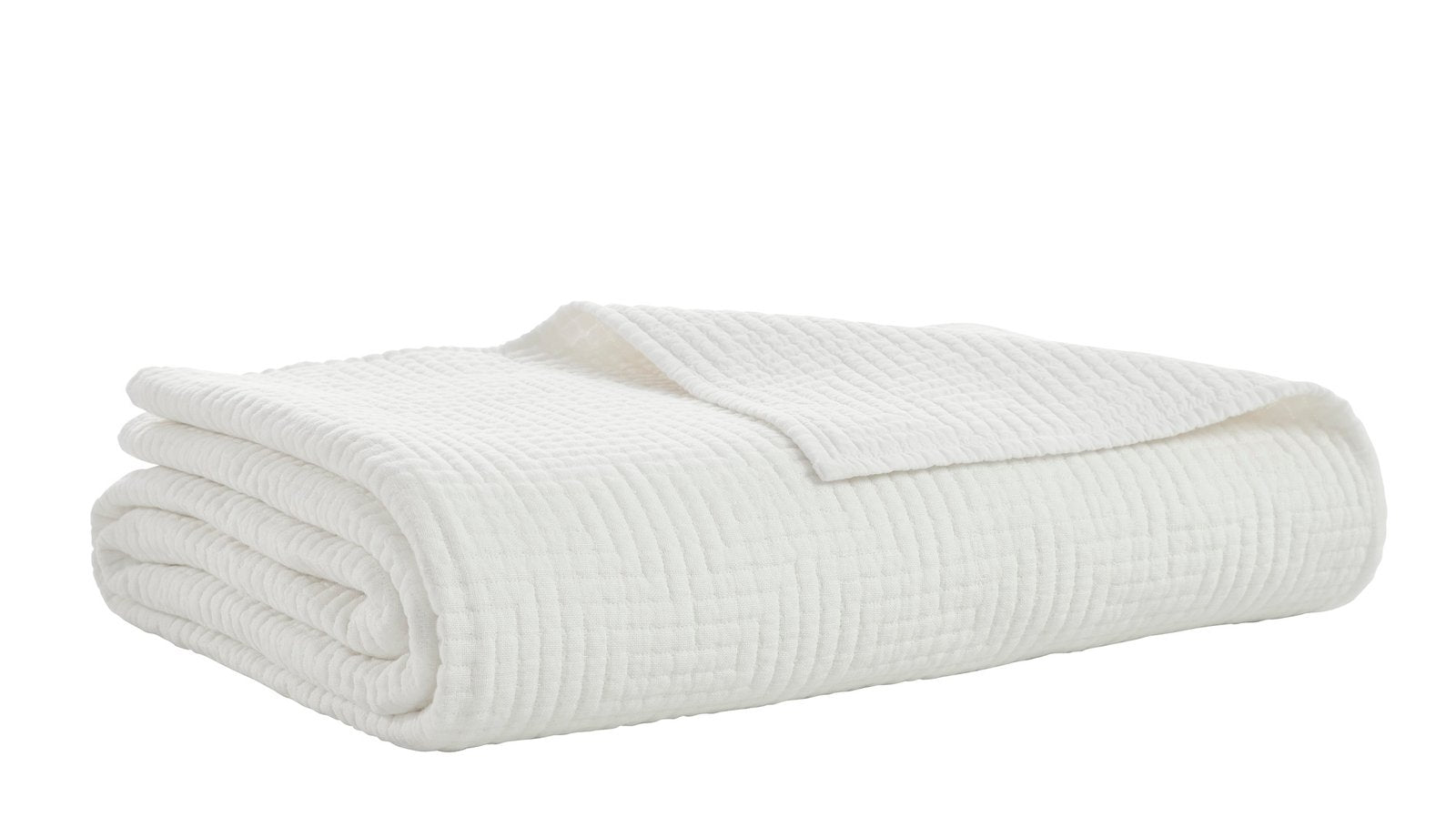 CL-199-9496_7|White quilted coverlet, elegantly folded, showcasing its detailed geometric maze pattern. Perfect for cozy bedding.