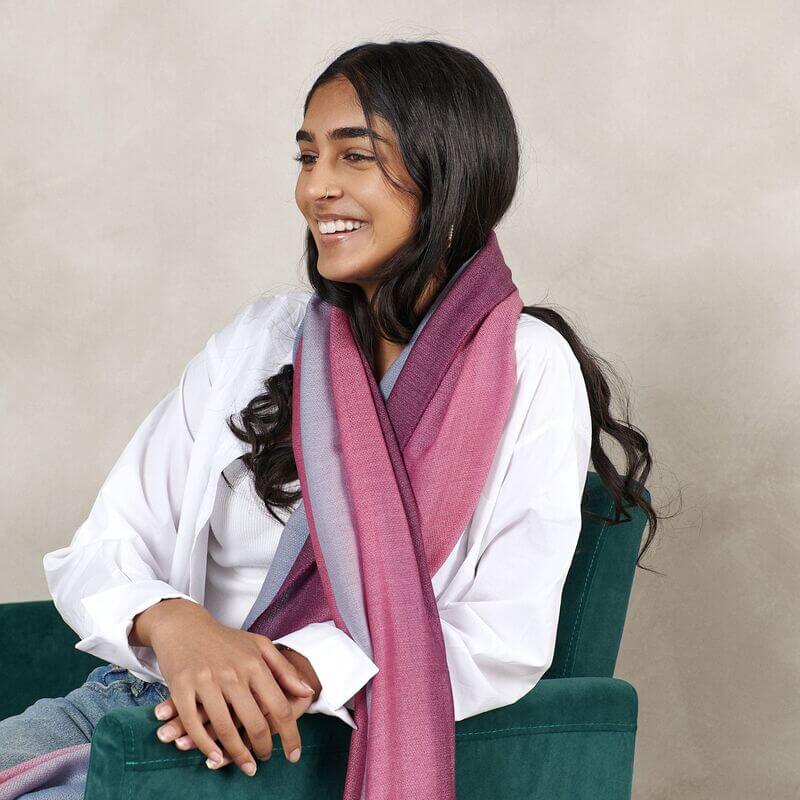 Iris Haze Blue Pink Cashmere Merino Handloom Scarf styled on a model, showcasing the unique color blend.
