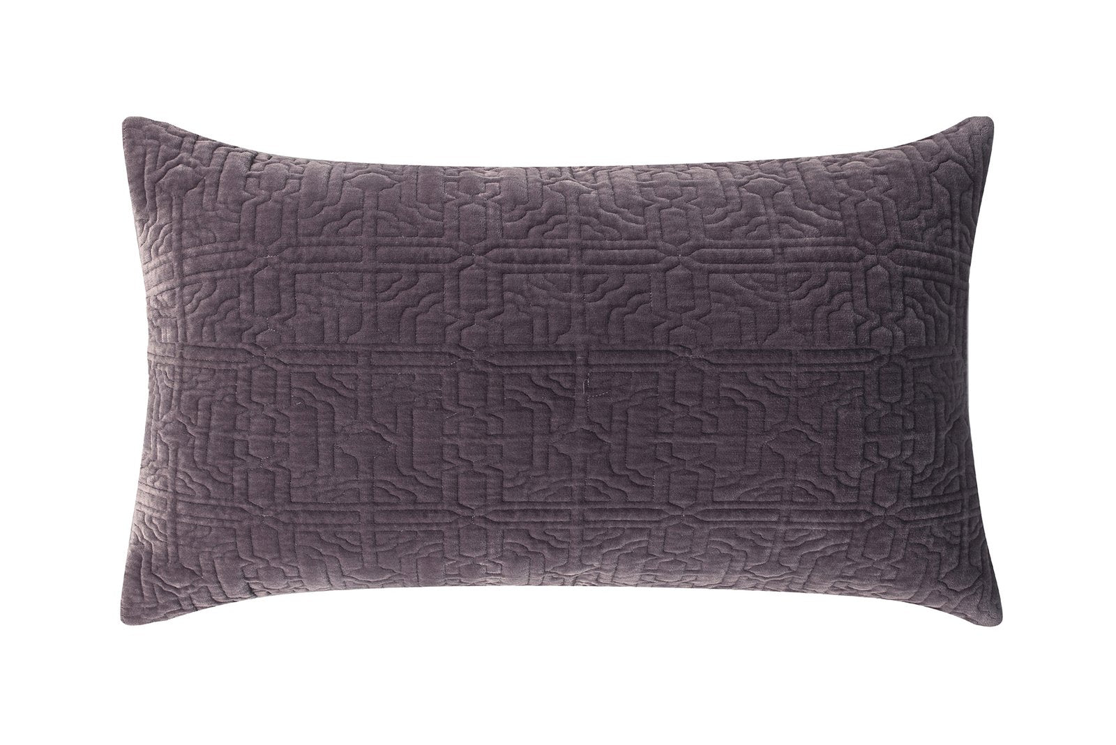 SS-305-2026_1|Plum velvet rectangular quilted pillow, featuring a sophisticated geometric pattern. Perfect for adding luxurious texture to beds.
