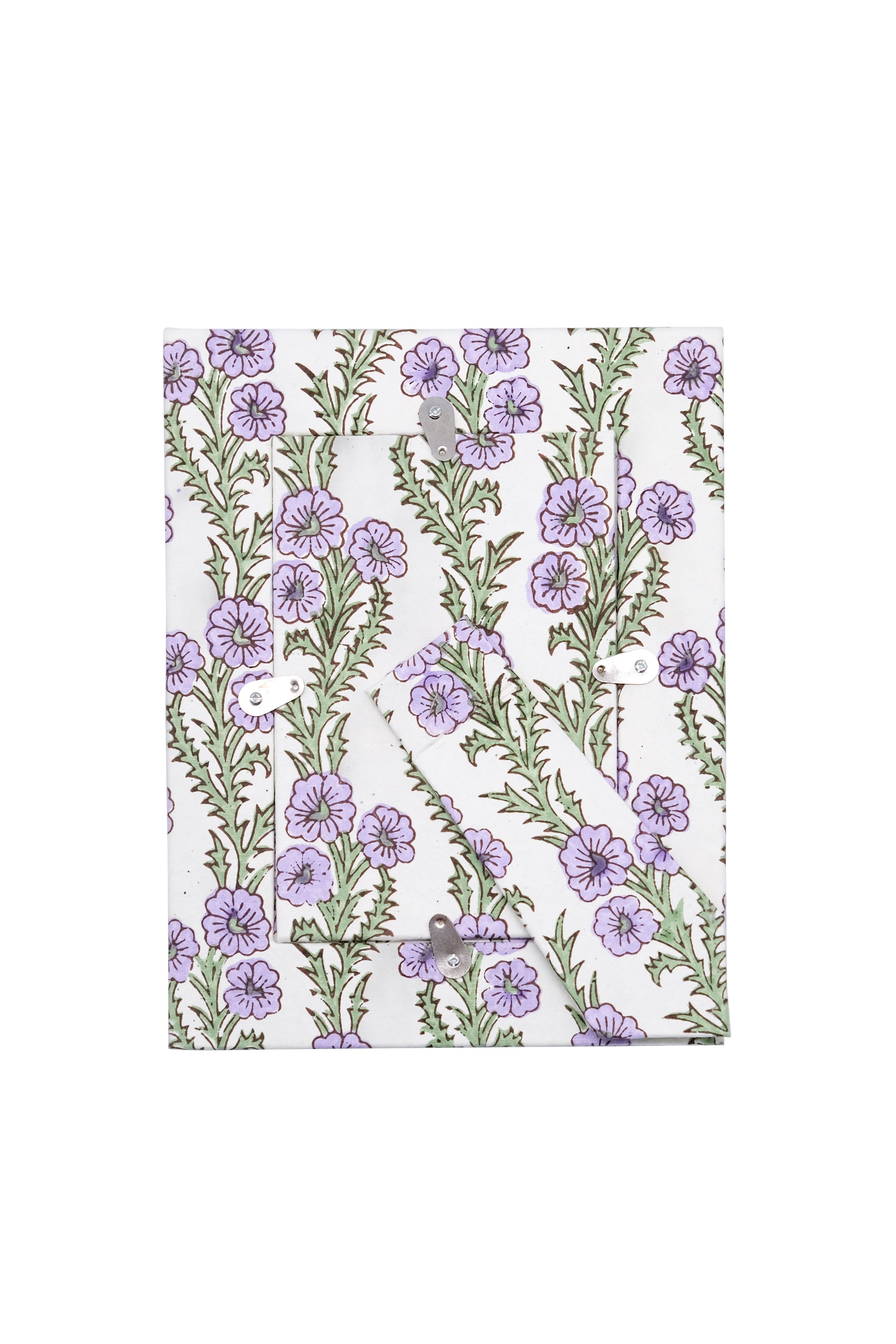 Purple forget-me-not floral picture frame back view with metal clasps