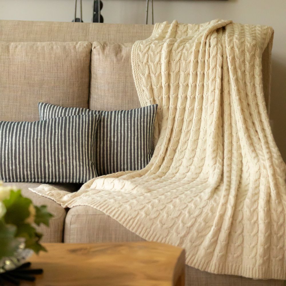 cream cable knit alpaca throw blanket