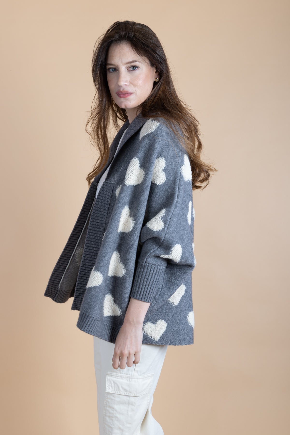 Heart Cardigan Ribbed Knit - Gray