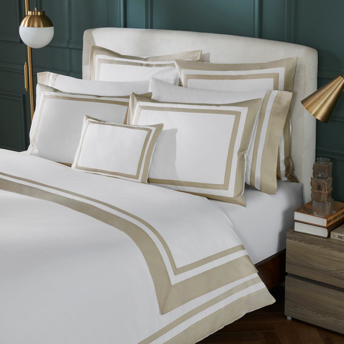 DT-066-6886_2|Luxurious white duvet cover with elegant double tan border trim, enhancing any sophisticated bedroom decor.