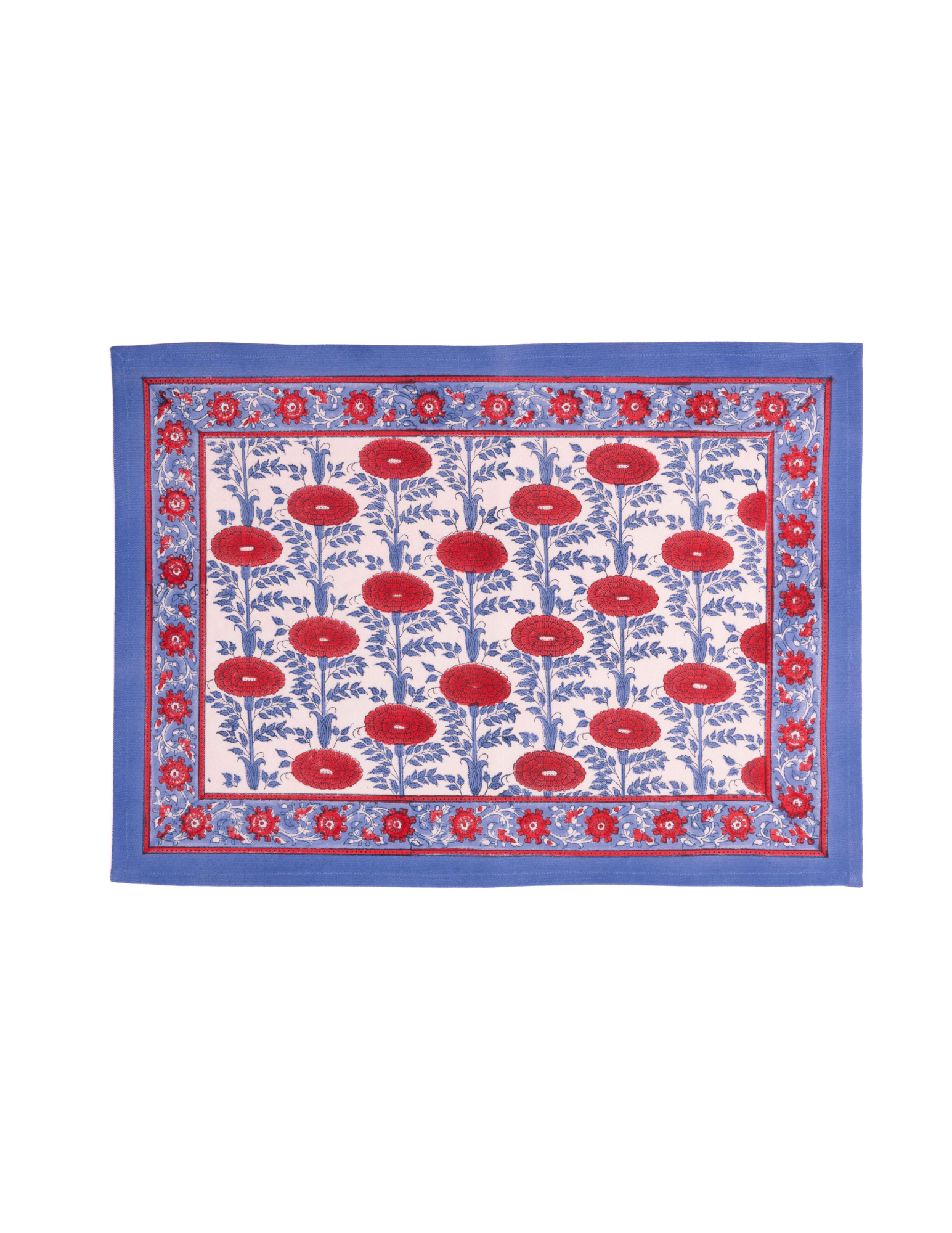 Araminta blockprint placemat with blue border, red floral patterns, Inner Child