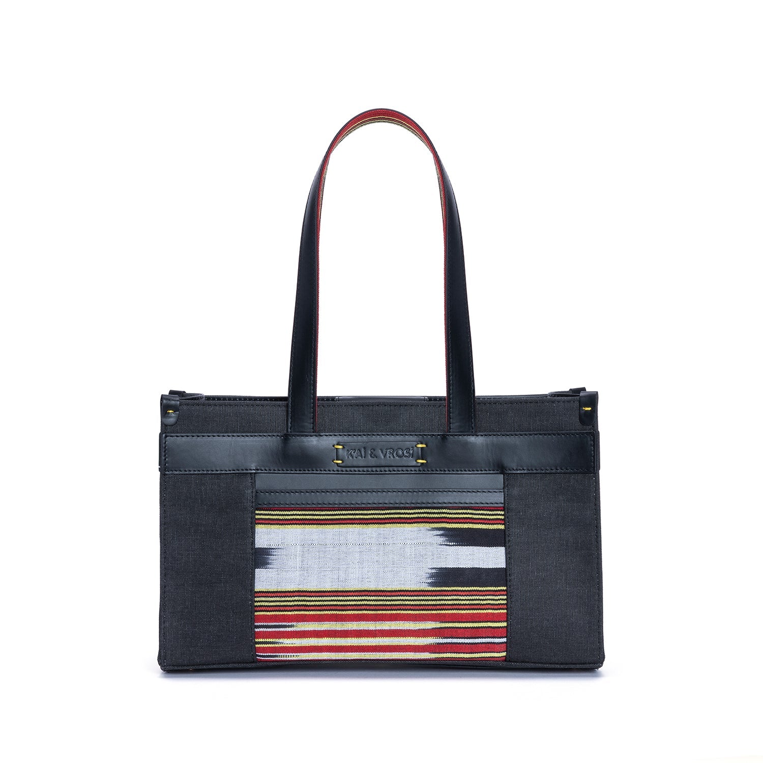 Midi Black Leather & Canvas Tote Bag with Pockets