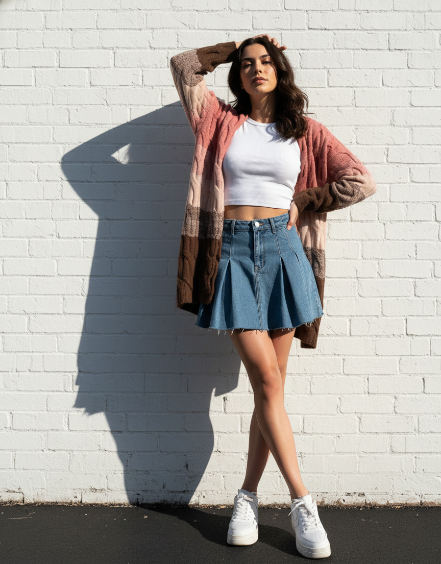 Cable Knit Color Block Cardigan - Dark Salmon