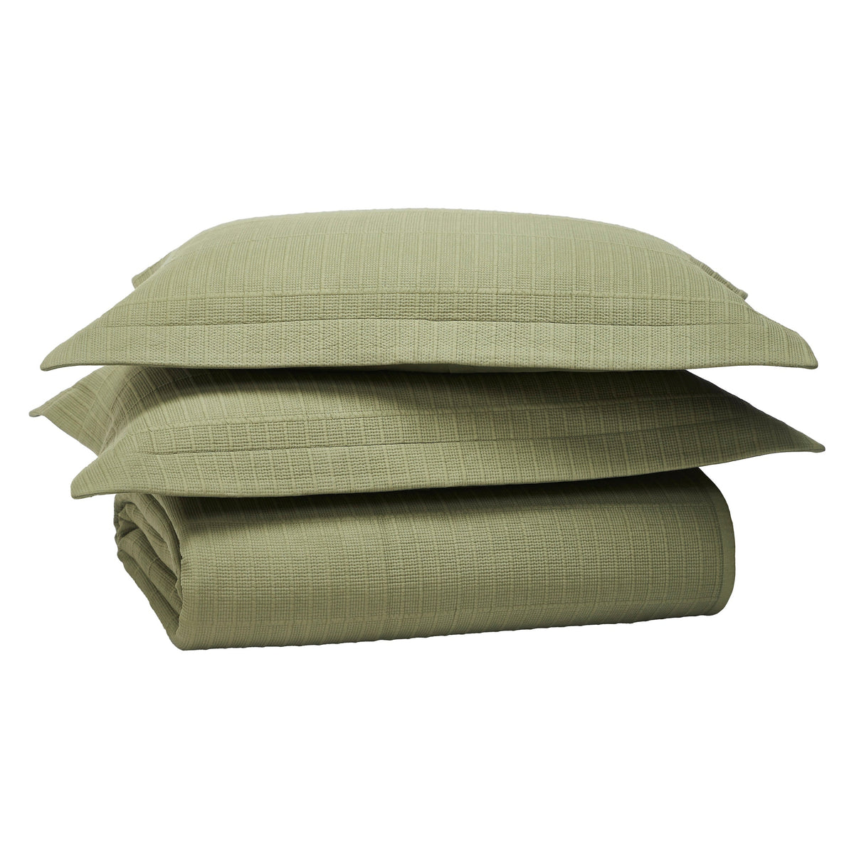 KS-270-2036_4|Light green textured woven coverlet and two matching pillows, stacked neatly. Perfect for elegant bedroom decor and comfort.
