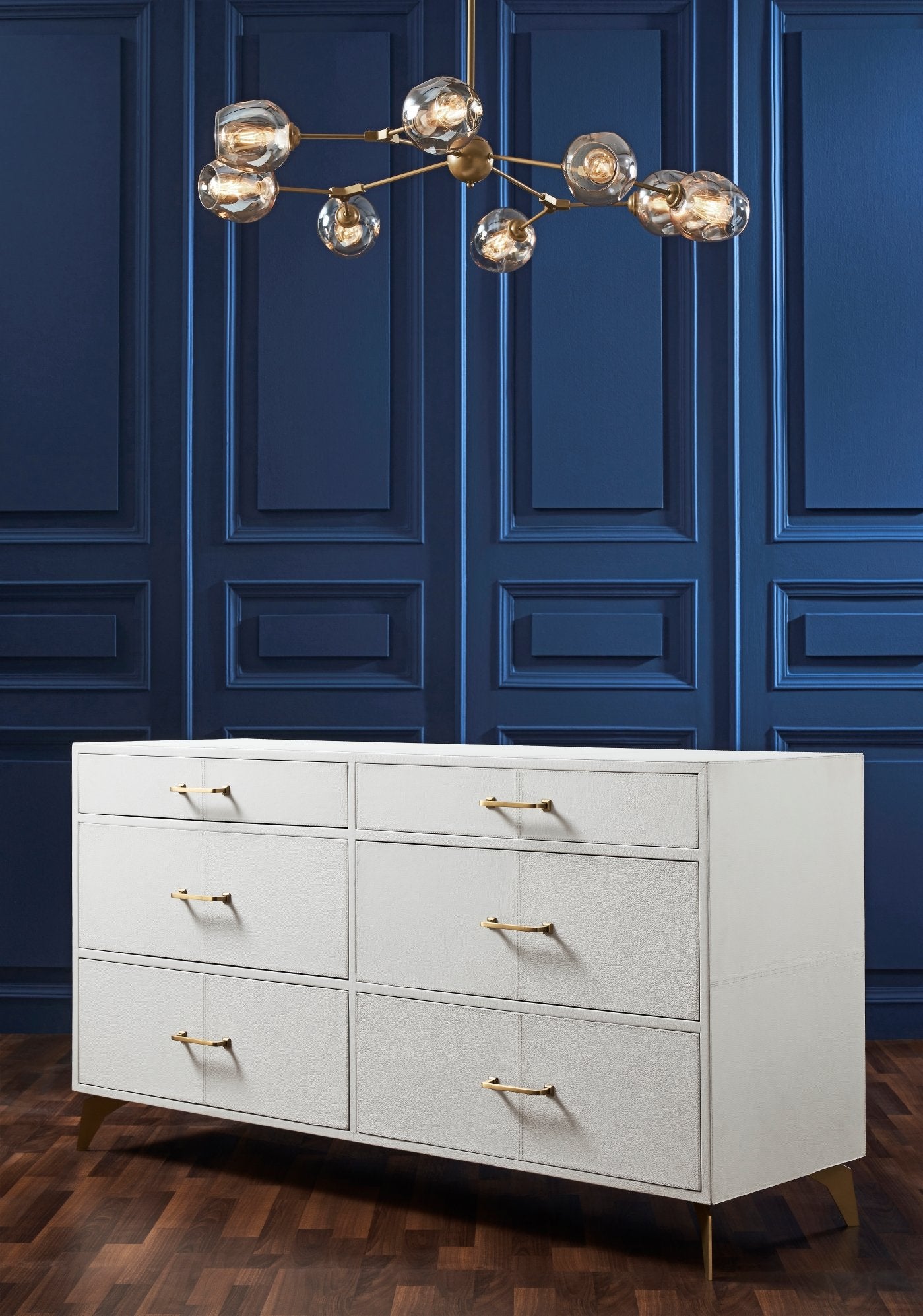 FN-5201-642033_4|Contemporary white genuine leather dresser with six drawers and gold hardware, a focal point in luxurious bedroom furniture.