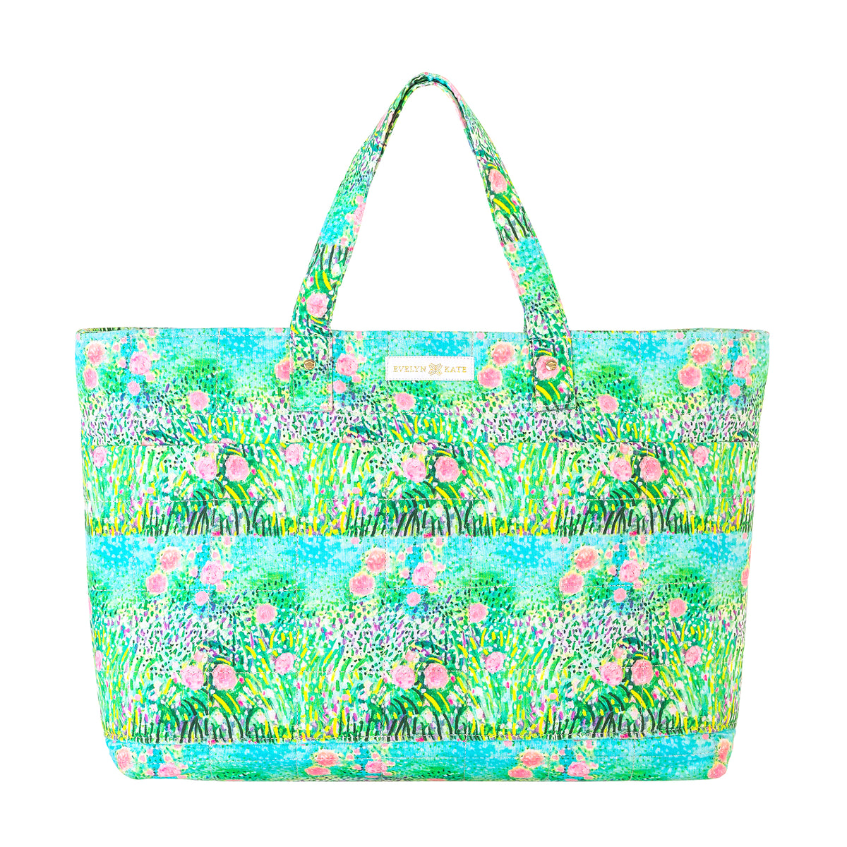 Pink Roses on Green Quilted Tote Bag
