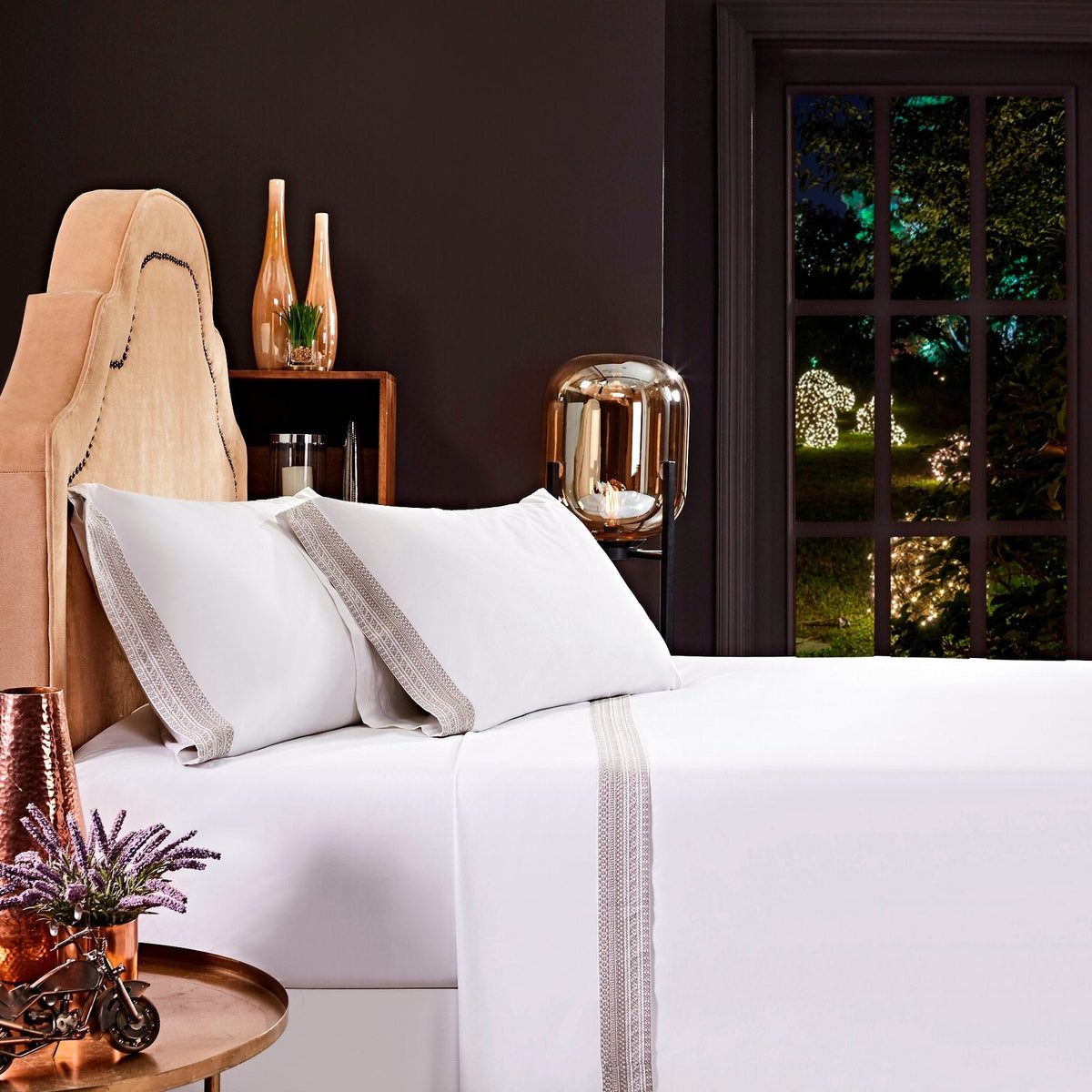 CSS-501-7284_2|Stack of pure white 100% cotton sheets featuring a stylish woven grey trim, offering comfort and elegant design.