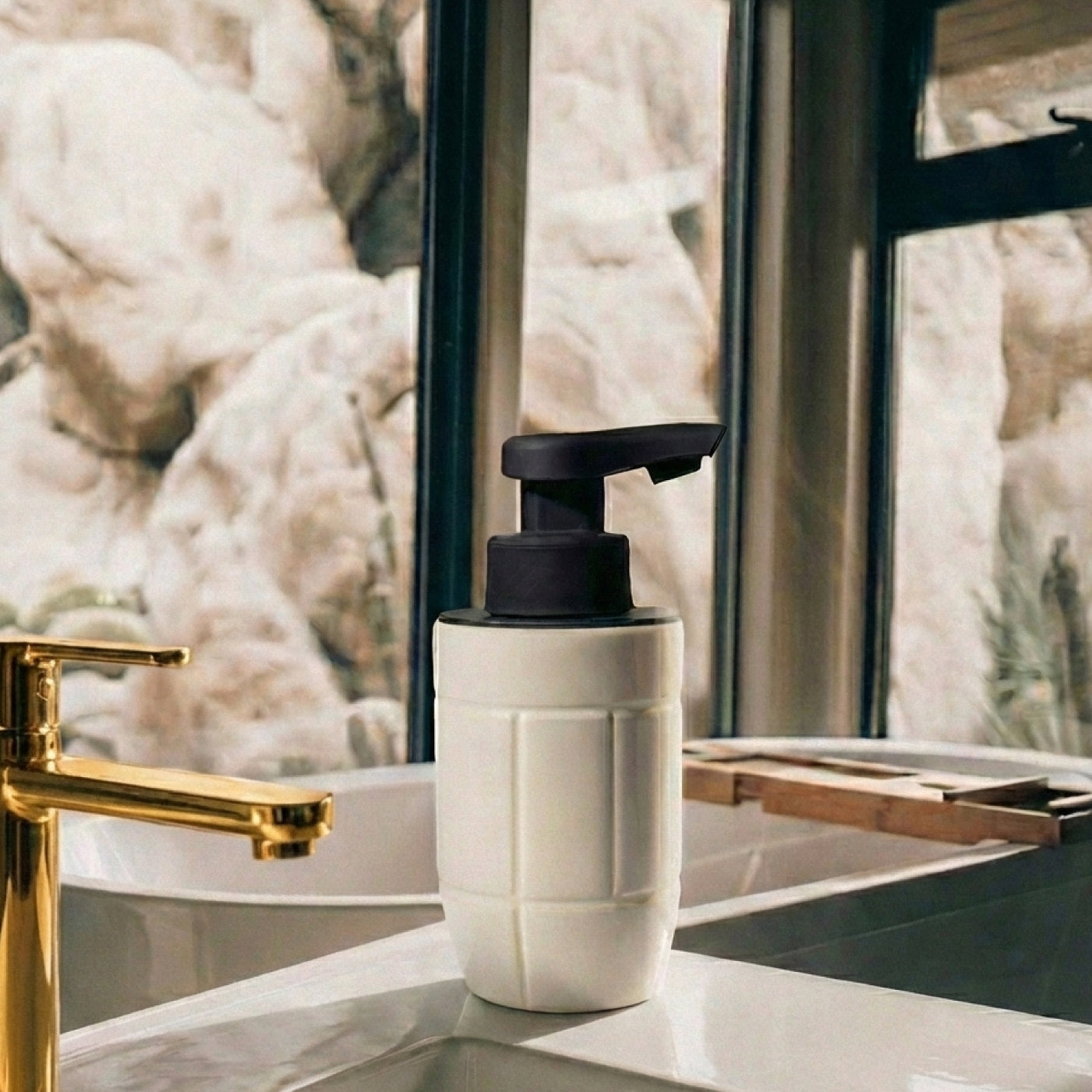 Lifestyle shot of the BosilunLife Eco-Brutalism automatic soap dispenser in off-white recycled eco-clay. Resting on a white washbasin next to a polished gold tap, the dispenser features a bold, embossed grid pattern and a matte black sensor pump. A large sunlit window frames a rugged rock landscape in the background, creating a luxurious, organic modern bathroom aesthetic.