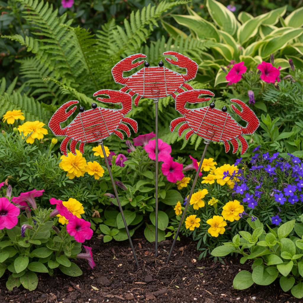 Beaded red crab garden stakes displayed in a lush garden bed with colorful flowers – 12CRBST1