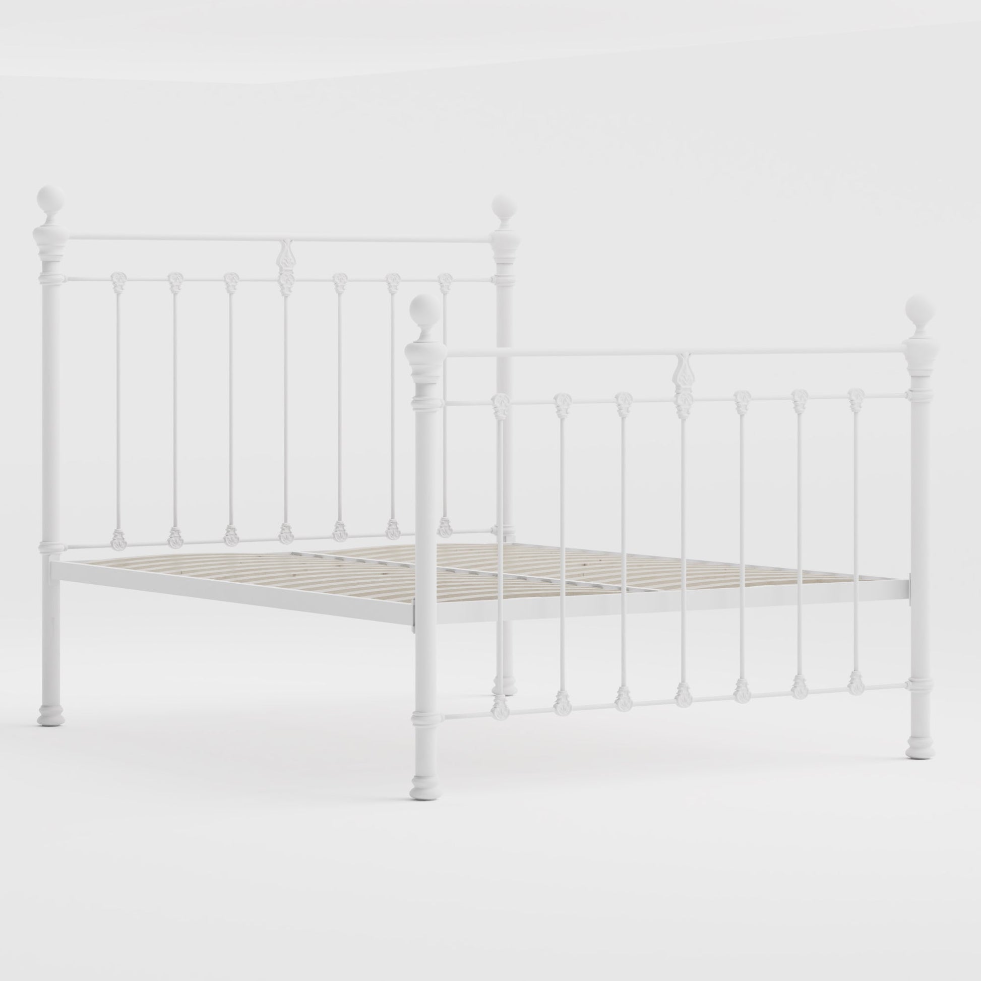 MB-201-7680_6|Classic white metal bed frame with wooden slat foundation. Durable, elegant design for timeless bedroom aesthetics and support.