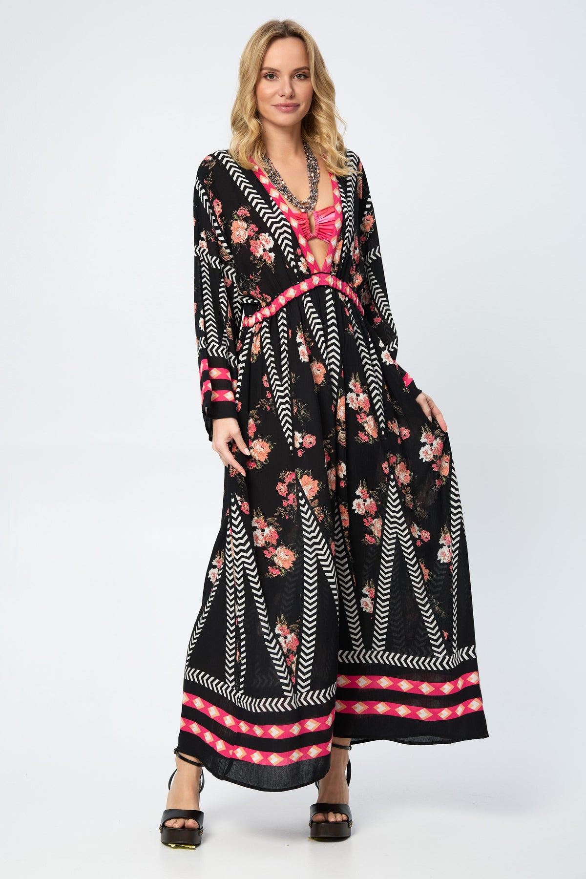 Aztec Floral Keyhole Kaftan - Black Combo