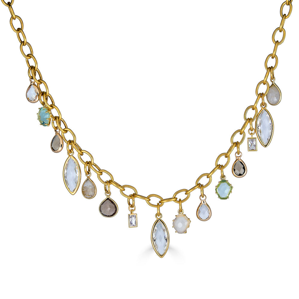 Single strand Gemstone Charm Necklace with gold chain and neutral gemstone charms, handcrafted by Loni Paul Jewelry.