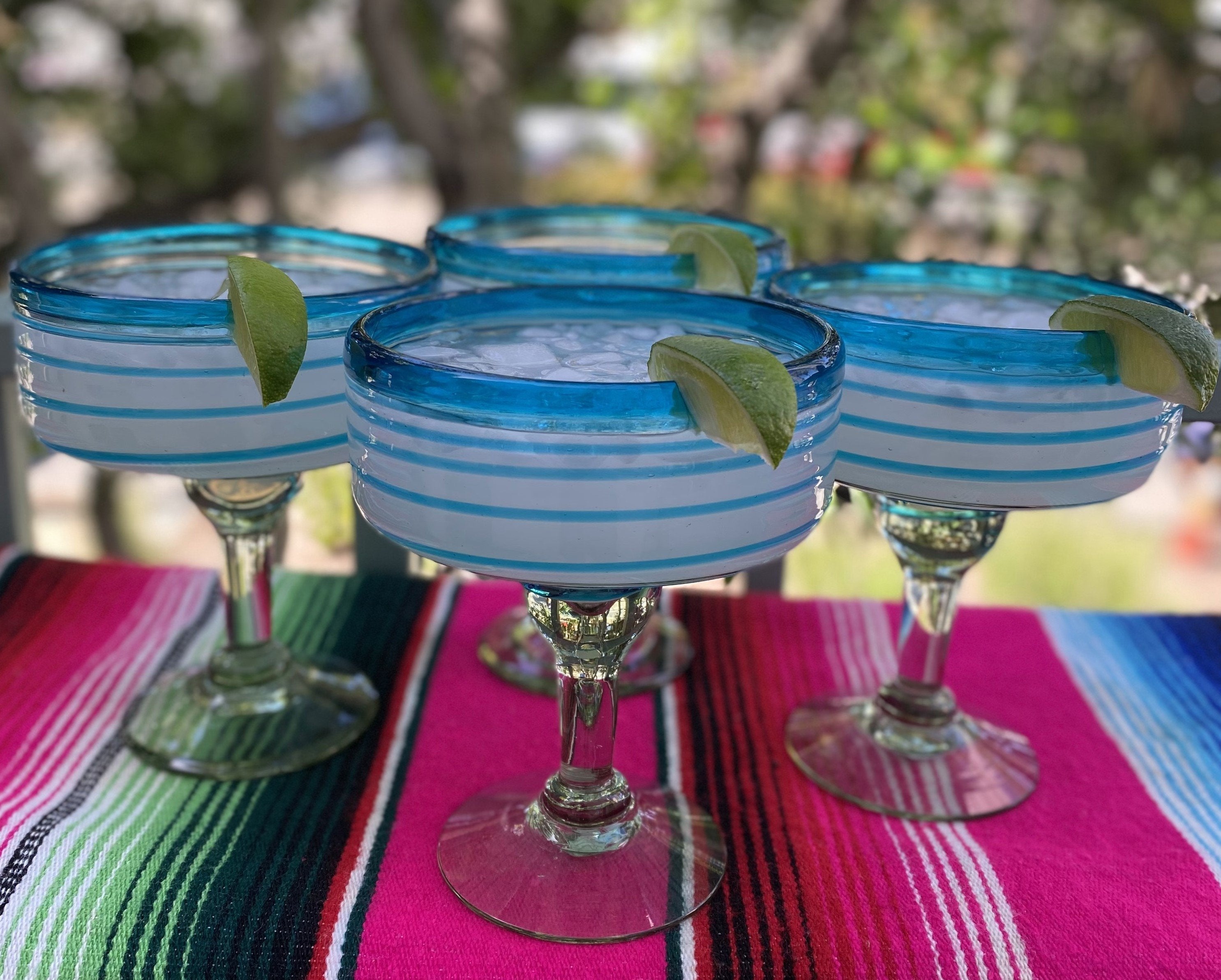 Set of 4 Hand Blown Margarita Glasses with Aqua Spiral Design