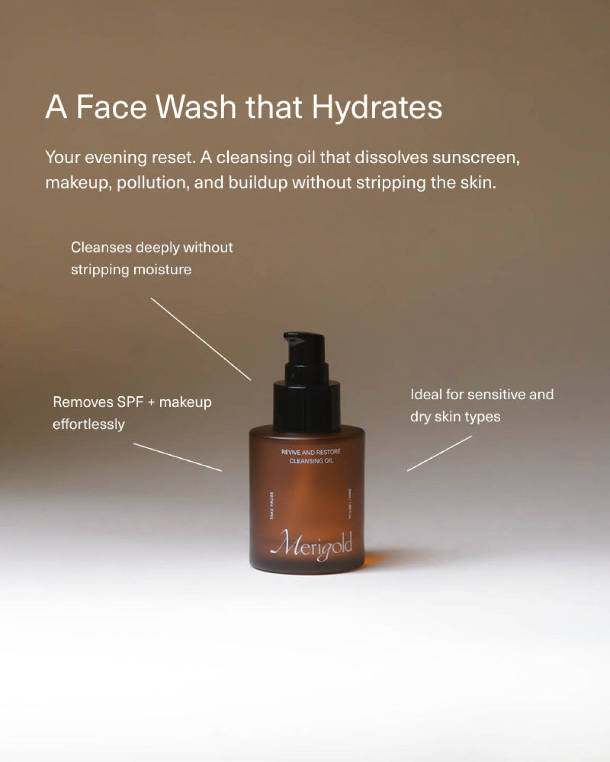 Cleansing oil bottle with text highlighting its benefits on a gradient background
