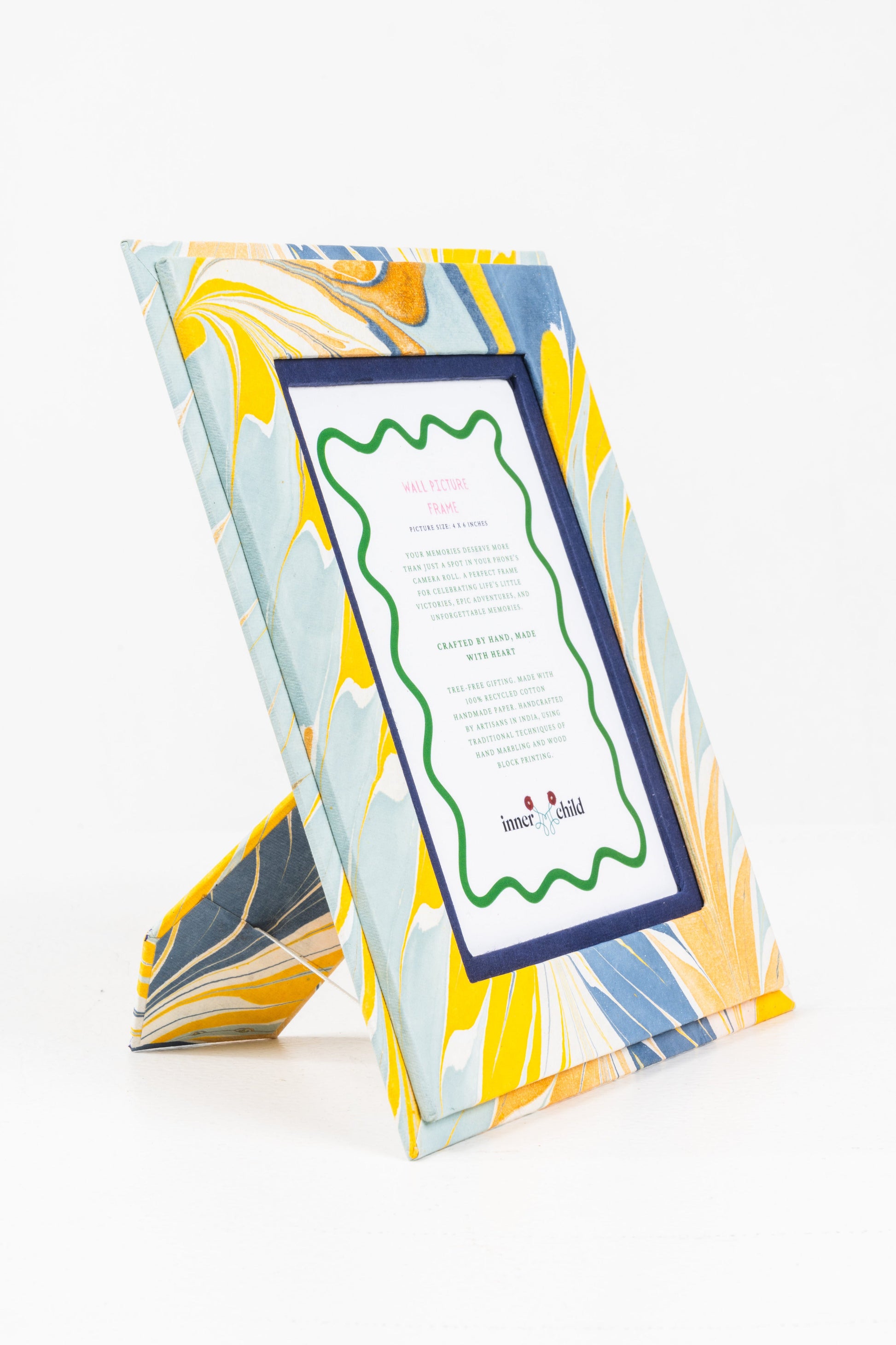 Hand-marbled blue and gold wall picture frame 4x6 inches Inner Child design