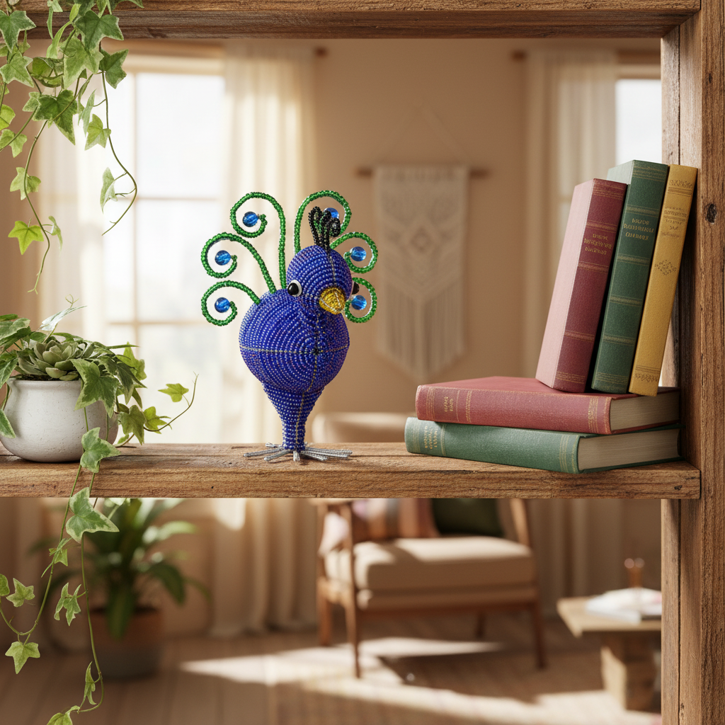 Peacock Baby Set of 2 - beaded peacock figurine displayed on shelf in bohemian living room