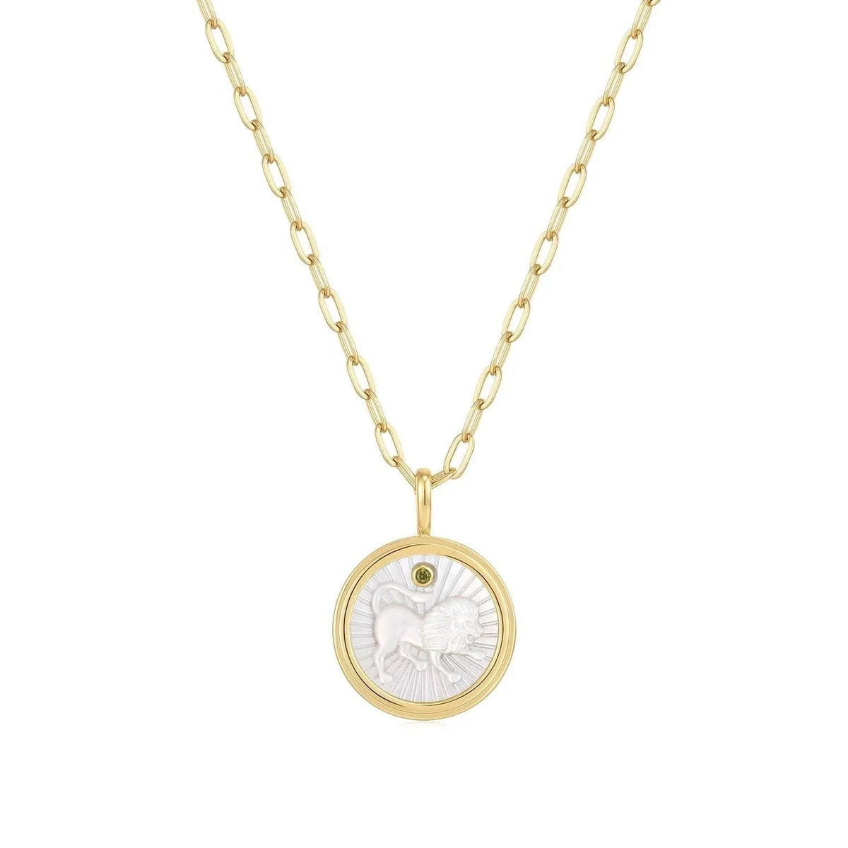 Gold chain necklace with Zodiac Leo pendant and Mother of Pearl details