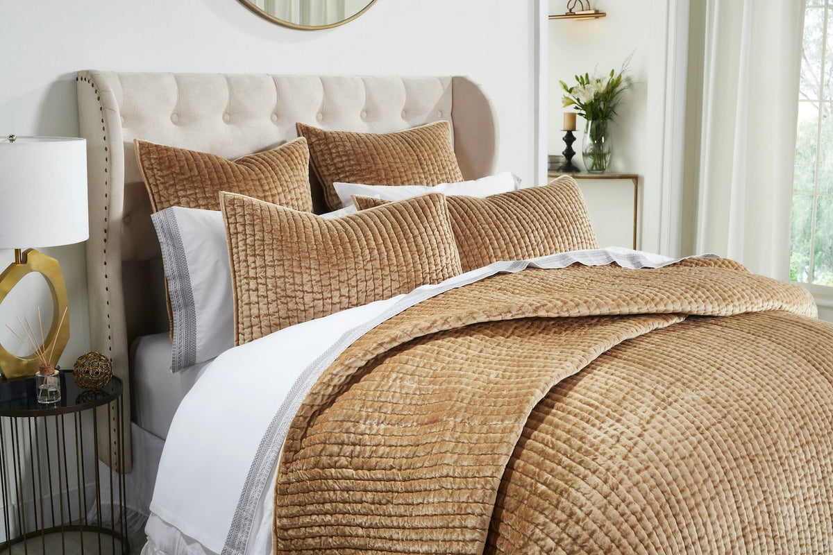 QT-362-9496_3|Close-up of a sumptuous gold velvet quilt, showcasing its intricate textured pattern and plush comfort for stylish beds.
