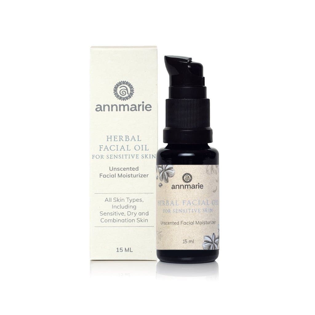 Herbal Facial Oil for Sensitive Skin unscented facial moisturizer bottle with product box packaging for sensitive, dry, and combination skin.
