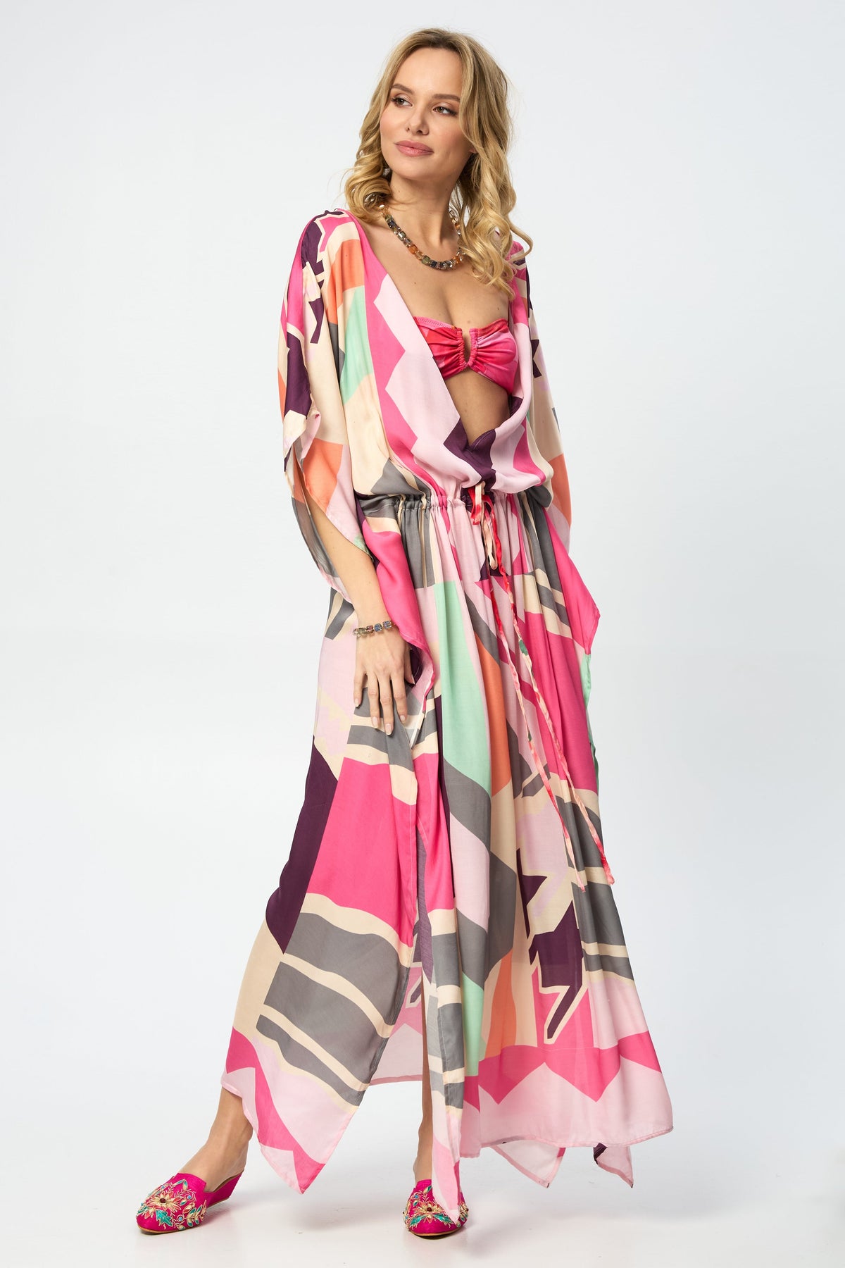 Multicolored Geo Tie Waist Keyhole Kaftan - Pink