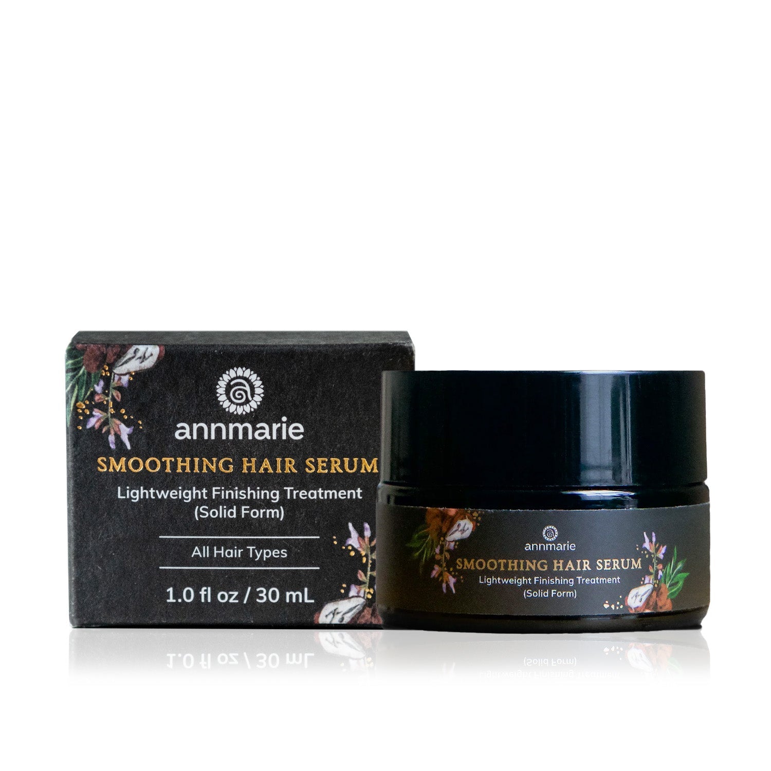 Smoothing Hair Serum lightweight finishing treatment in solid form shown with product jar and matching box packaging, designed for all hair types