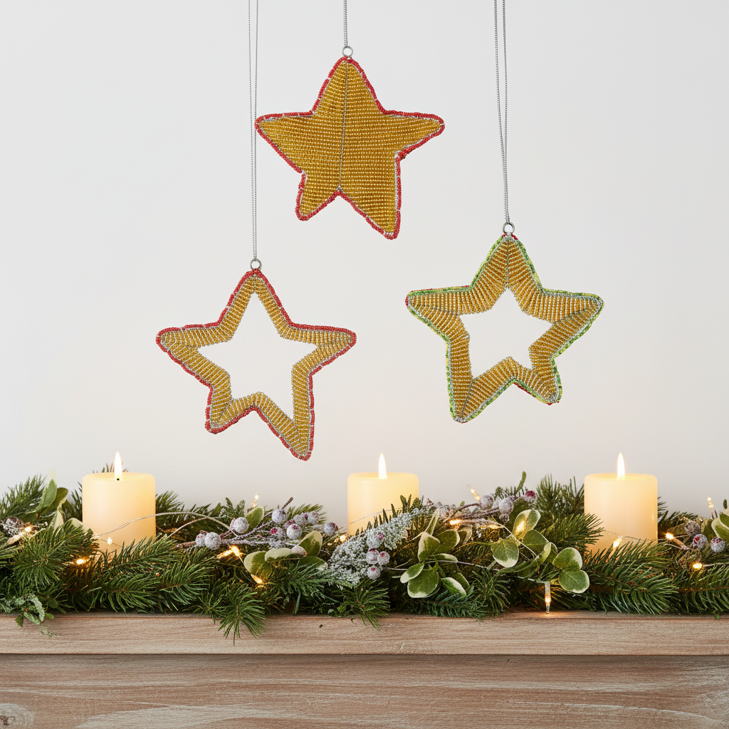 Handmade beaded star ornaments on a rustic mantle with pine and candles – festive Christmas décor, white background