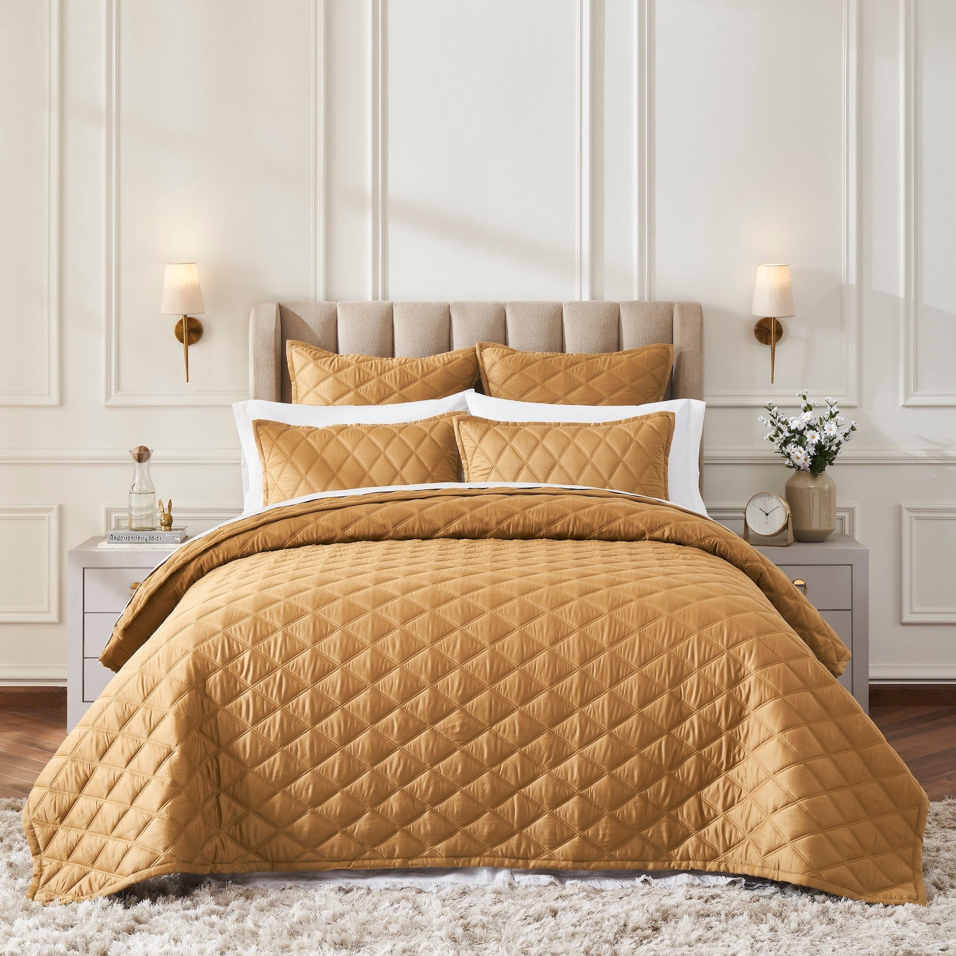 CL-260-9496_1|Complete golden bronze quilted coverlet bedding set with matching shams, creating a warm, inviting, and luxurious bedroom.
