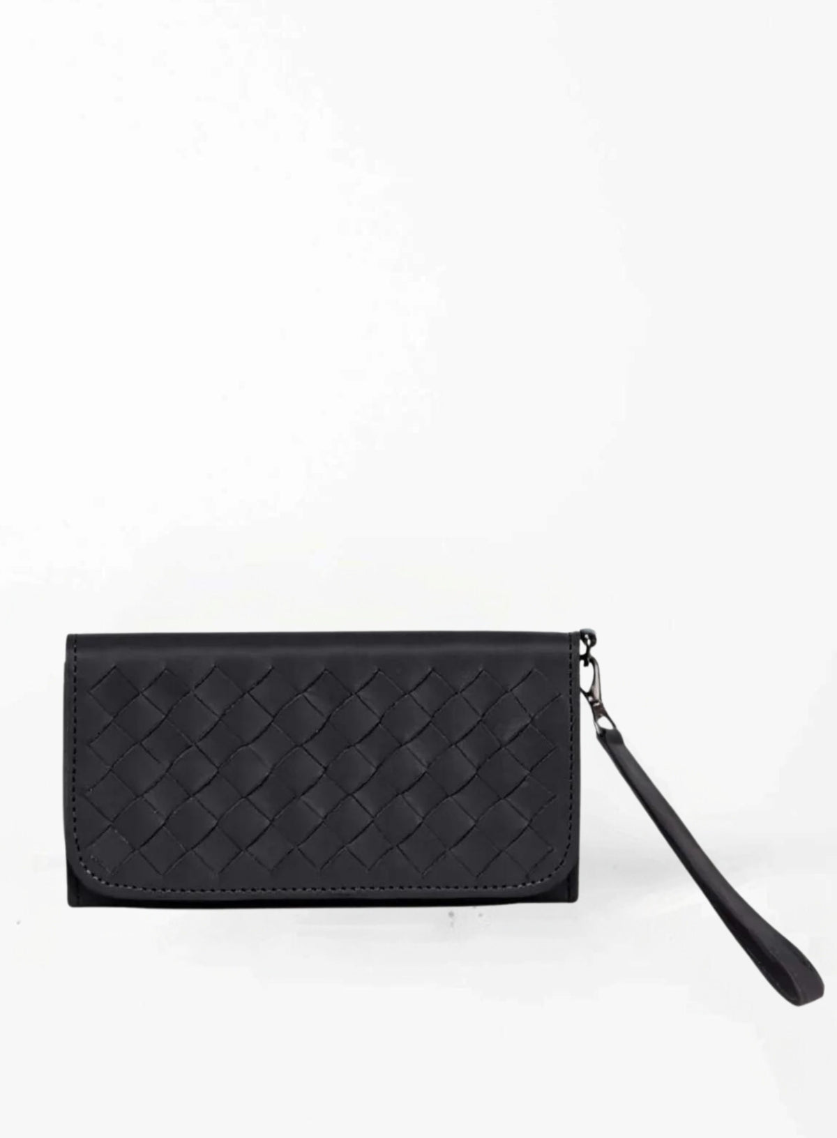woven wristlet wallet from ethically crafted accessories in black showcasing front view.