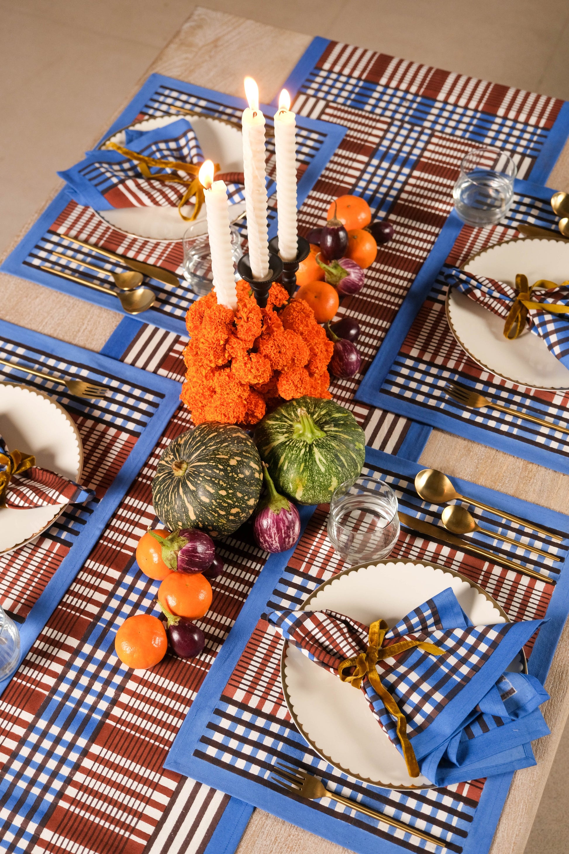 Brown and blue Shetland plaid napkins set of 4 on decorated dining table