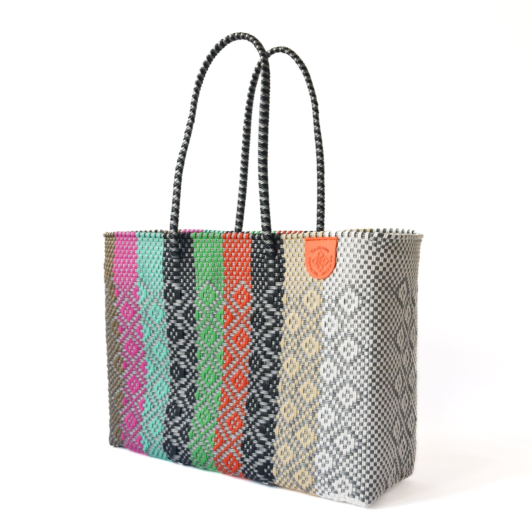 Tin Marin super tote in Maya Design, A Multicolored striped oversized tote bag with a shoulder strap.
