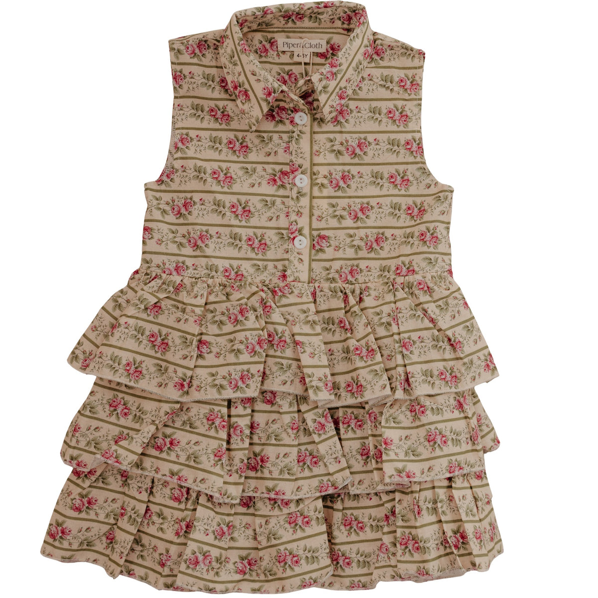A young child wearing a sleeveless, floral print dress with a button-down front and a collar, featuring a multi-tiered ruffle skirt.