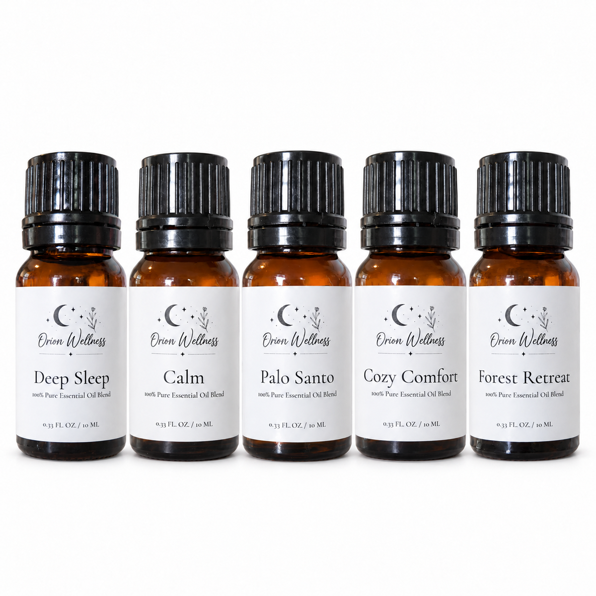 Orion Wellness evening five bottle diffuser blend set on a white background