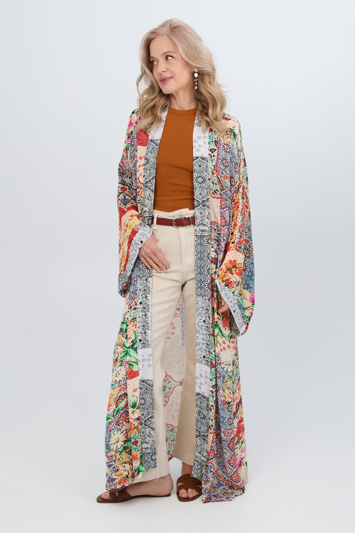 Mixed Floral Long Kimono Duster - Light Multi