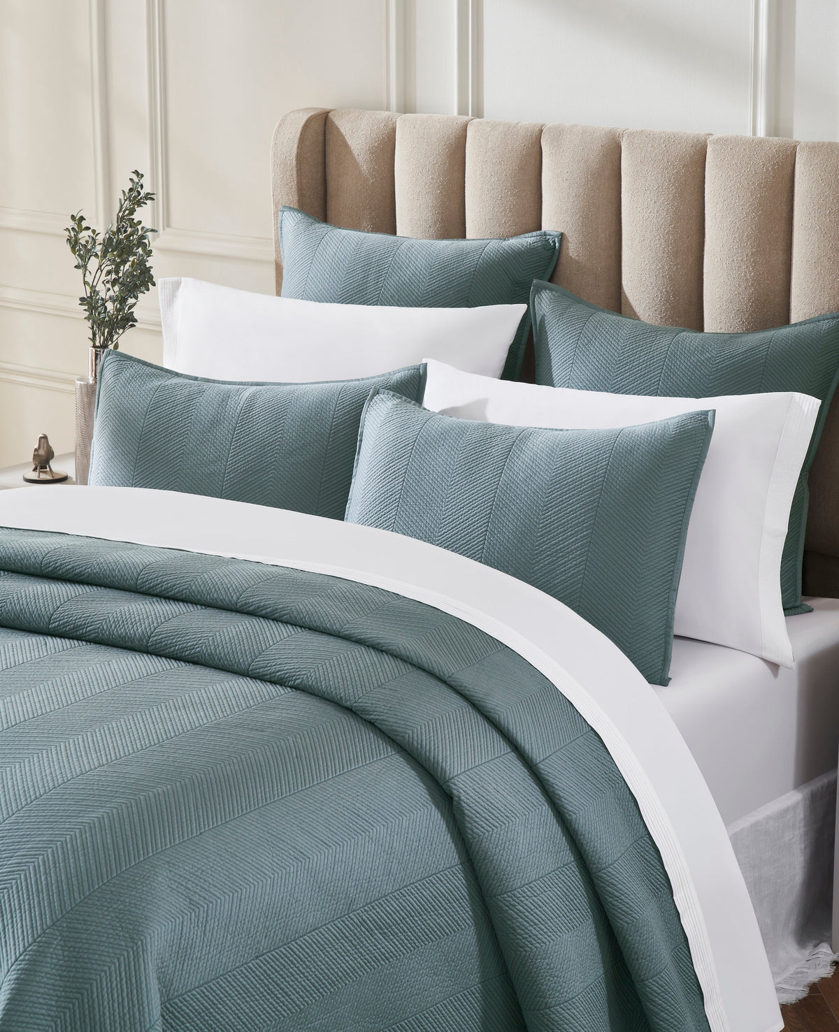 CL-261-11096_3|Stylish teal blue-green chevron quilted coverlet, perfect for a modern bedroom. Adds a touch of luxury.