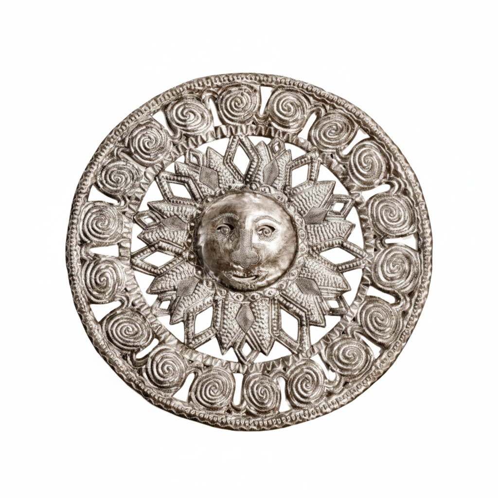 Here Comes the Sun sun-themed Haitian steel metal wall art on white background