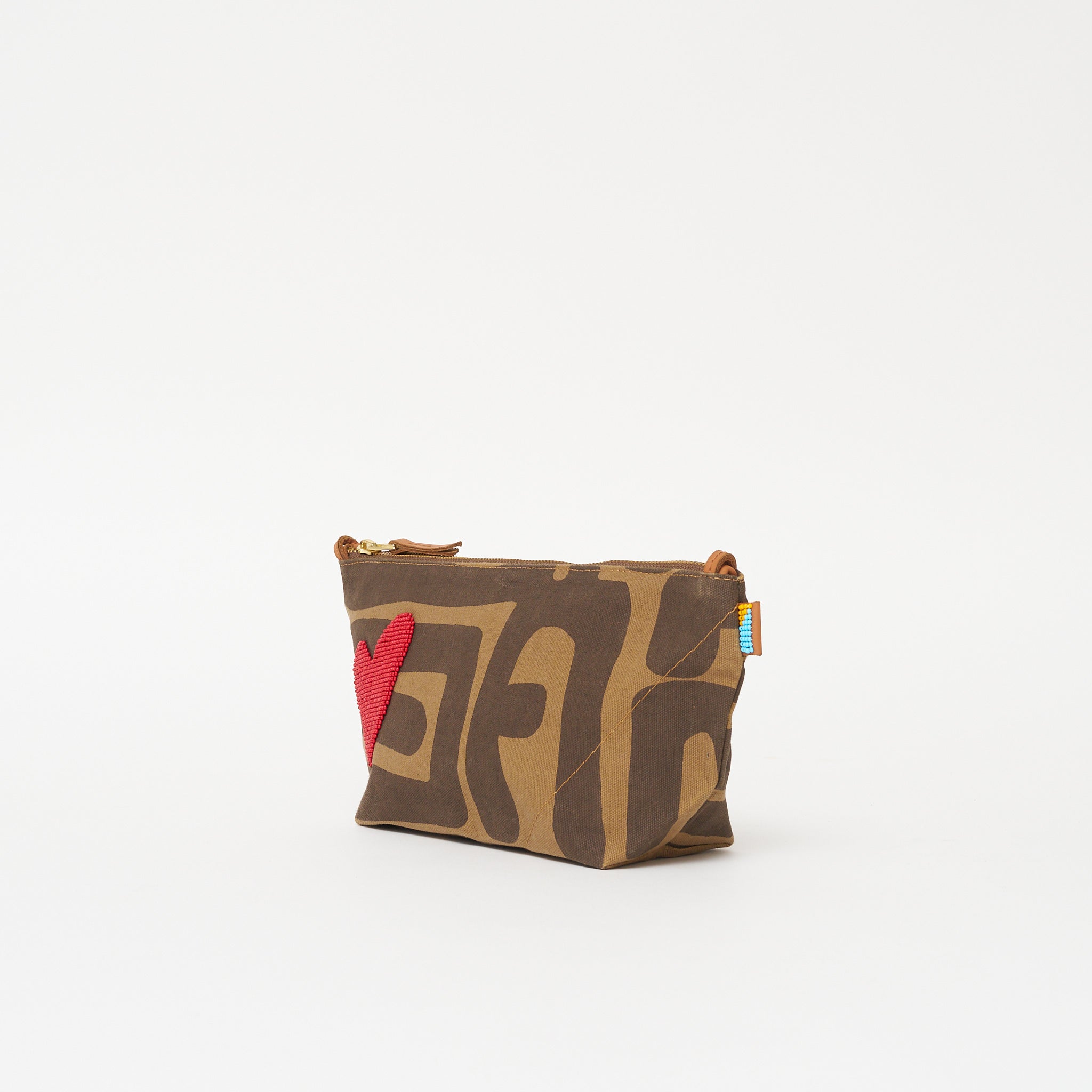Large Convertible Pouch - Mocha Kuba with Red Beaded Heart with Medium Leather Strap