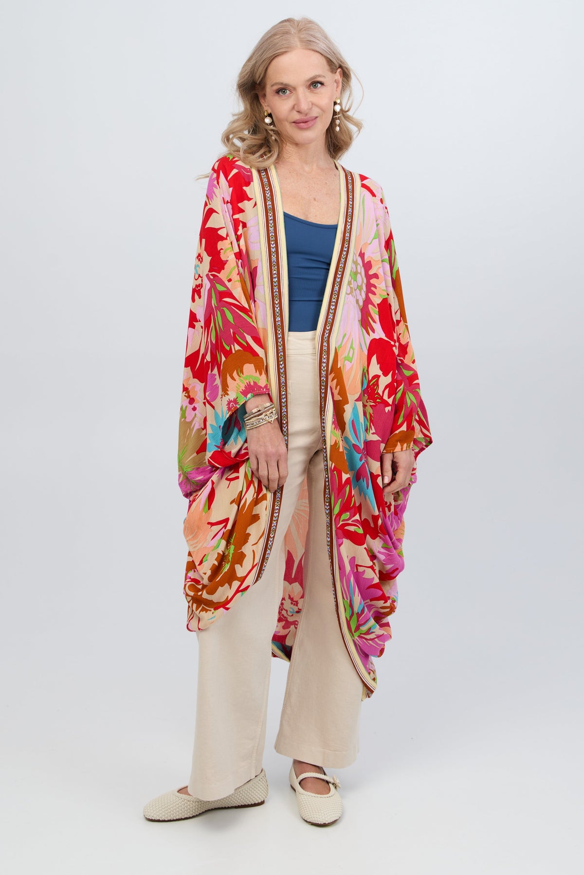 Wing Sleeve Floral Kimono - Pink Multi