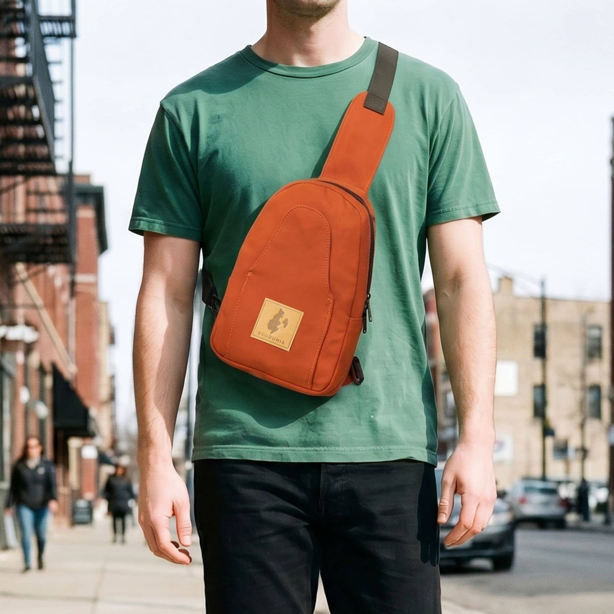 Buru canvas sling bag in rust — sustainable handmade crossbody #color_rust