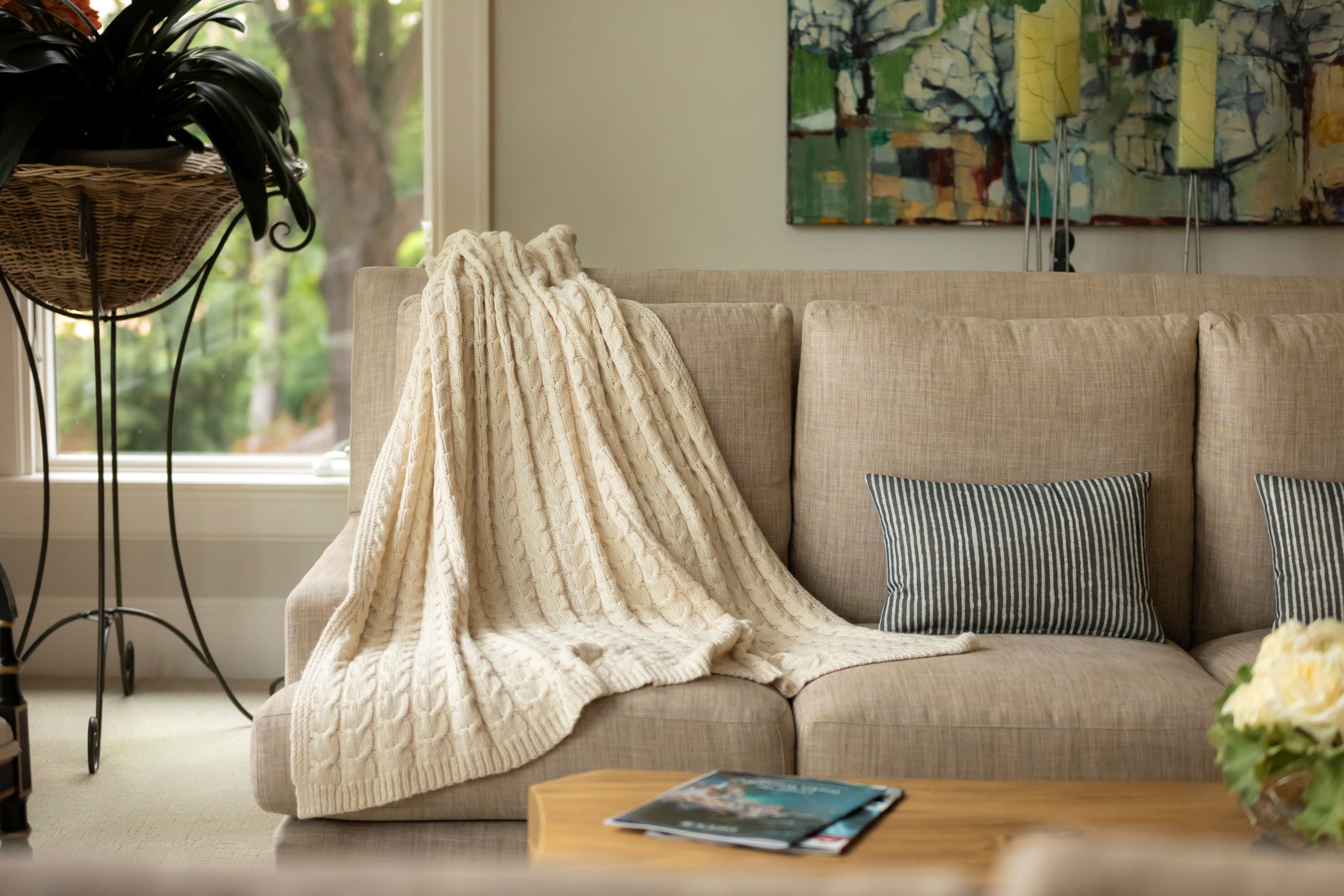 Muru Collection - Pima Cotton & Undyed Baby Alpaca Ivory Cable Throw