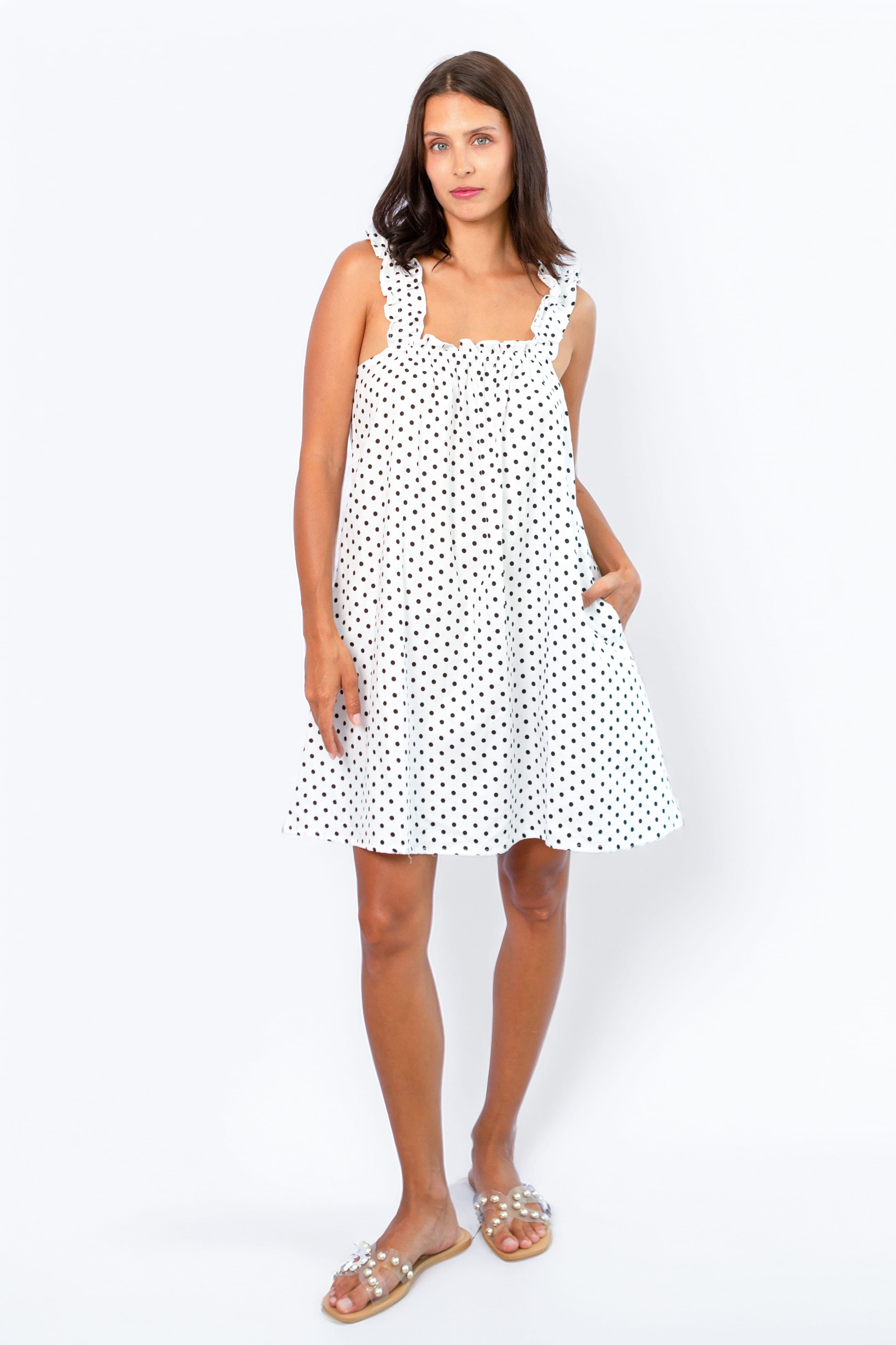 Mila Milk front view — cotton summer dress with slim shoulder straps and polka dot print