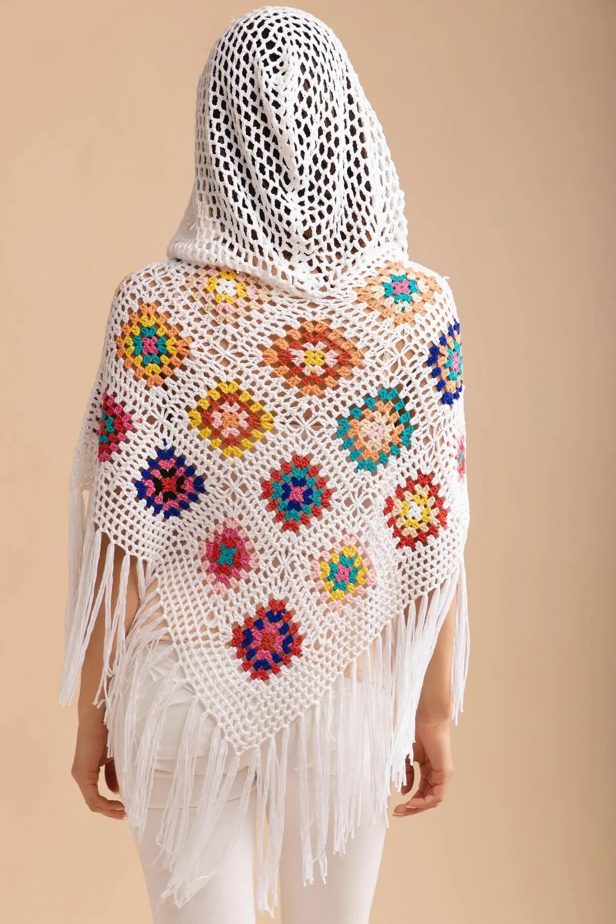 White Square Crochet Fringe Poncho - White