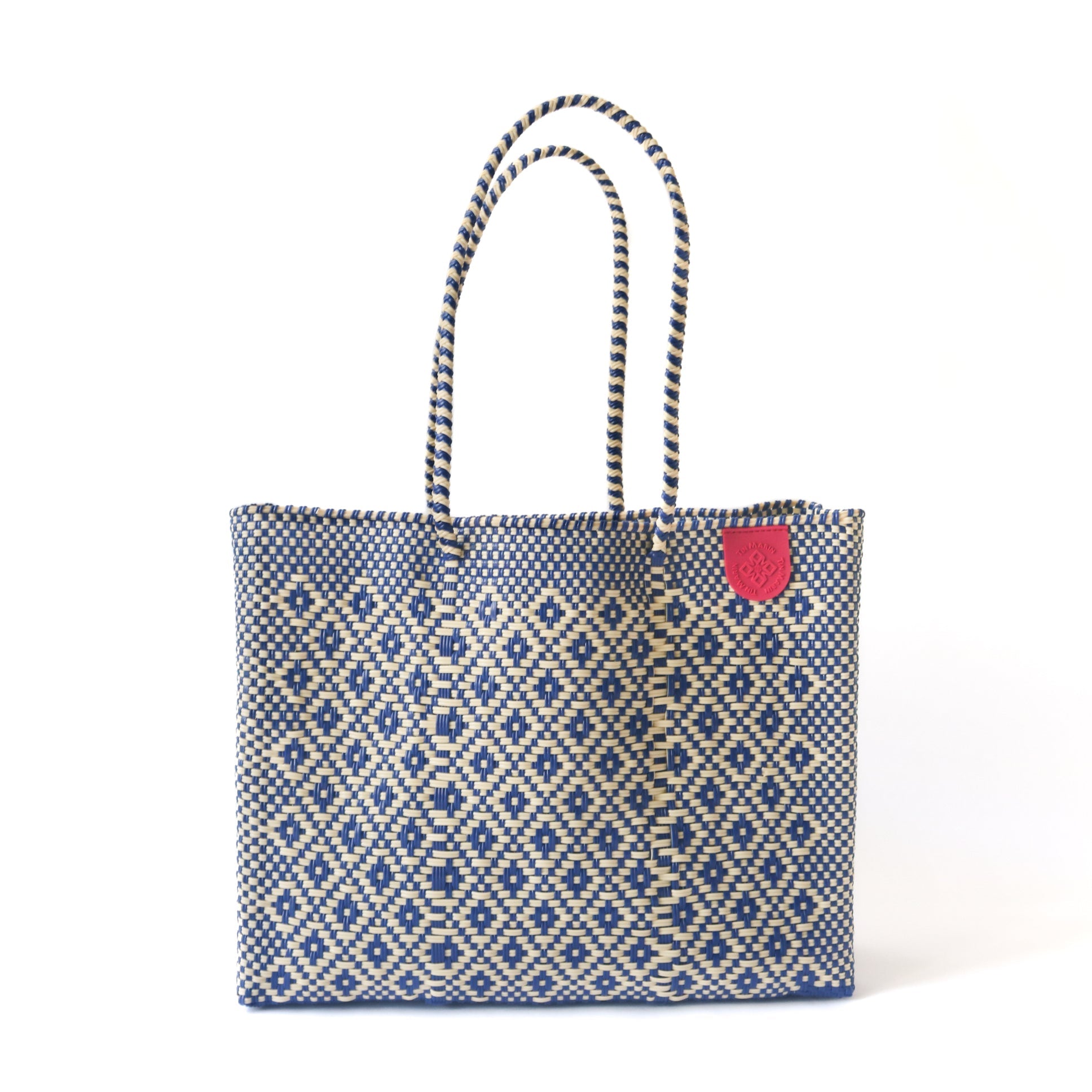 Tin Marin super tote in mixte Design, A beige and blue rhombus oversized tote bag with a shoulder strap.