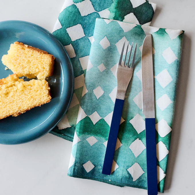 Blue Diamond linen dinner napkin with watercolor geometric diamond pattern in turquoise teal and green - Goldie Home