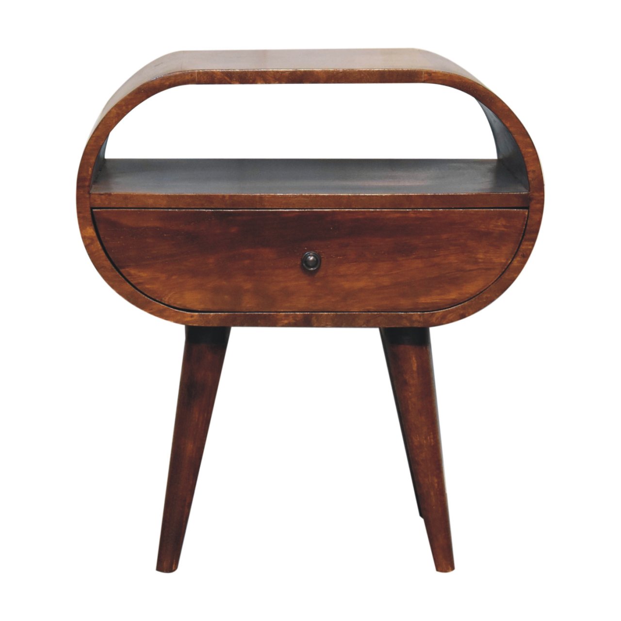 Solid Wood Large Circular Bedside, 1-Drawer, 1 Open Slot, Chestnut, Brown