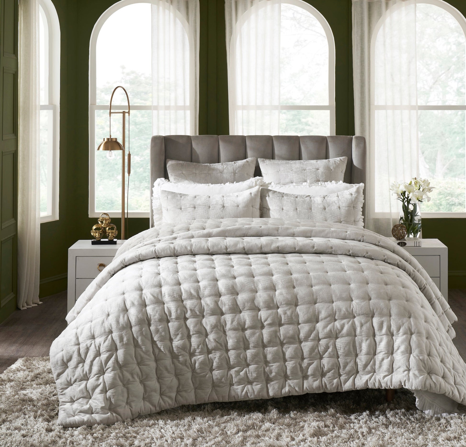 QT-306-11096_1|Luxurious light grey square-quilted bedspread on a bed, providing plush comfort and a sophisticated textured look.