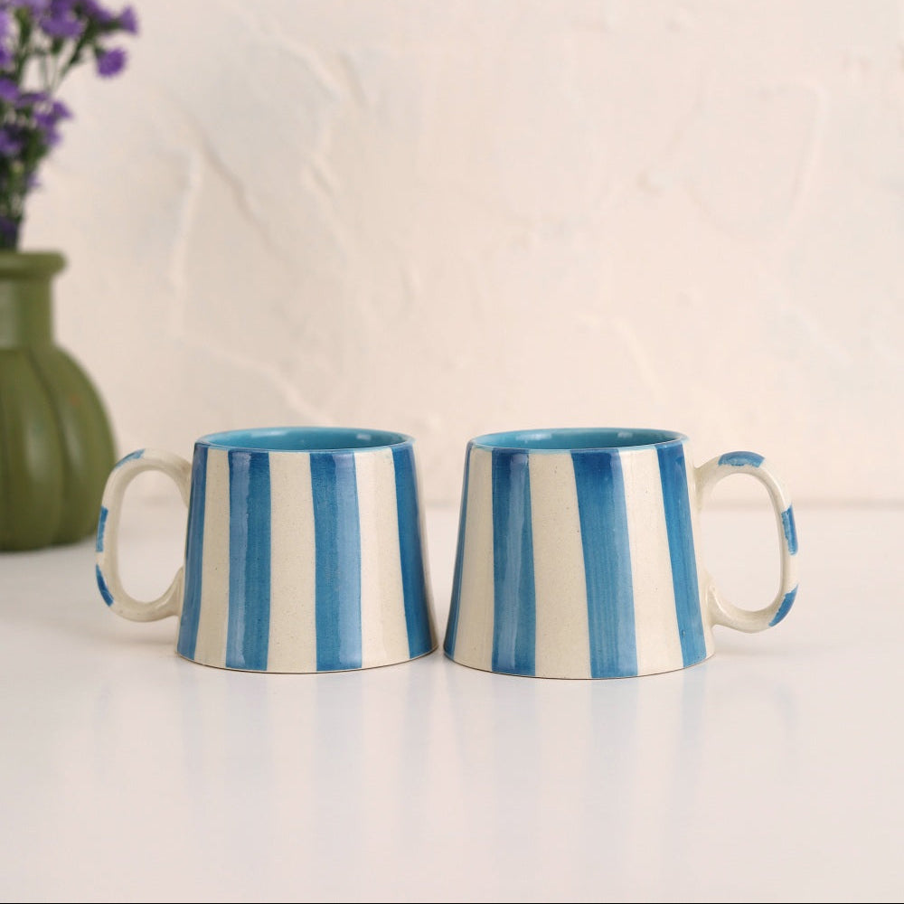 Ceramic Blue Stripe Coffee Cup, 220ml Handmade Set of 4 - Casa Amarosa