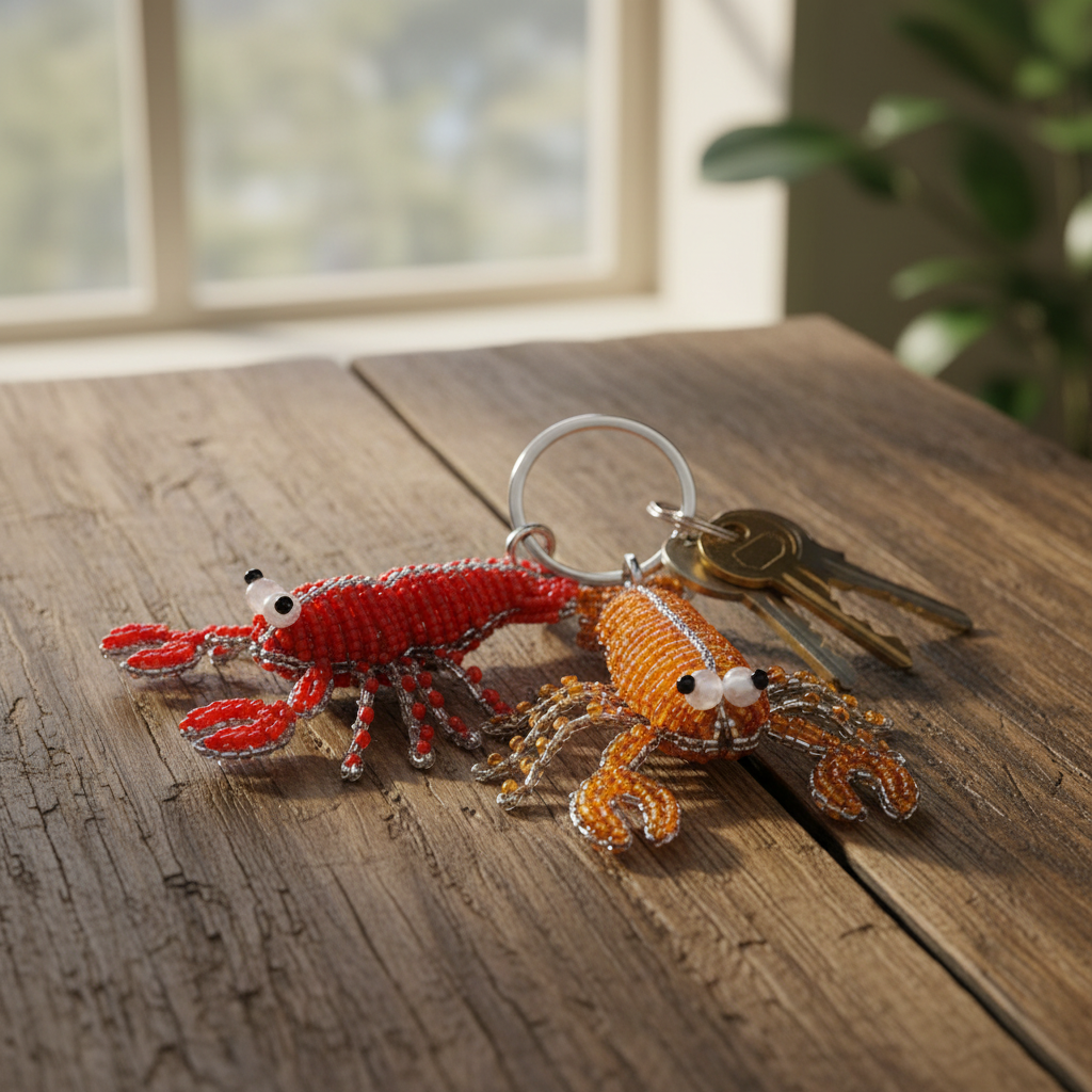 Handcrafted beaded lobster keyrings on keys on rustic wooden table